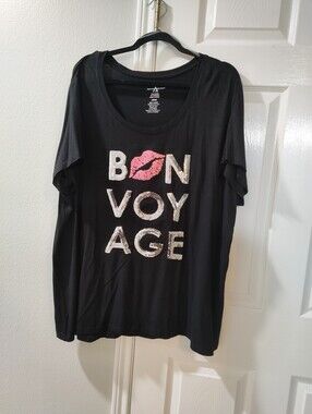 Ashley Stewart Plus 26/28 Bon Voyage Sequin Graphic Tee Soft T-shirt Black Pink